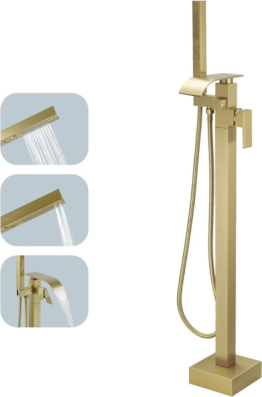 BESy Freestanding Tub Faucet Brushed Gold Floor Mounted Tub Filler Faucet Brass Bathroom Tub Faucets with 2 Function Hand Shower