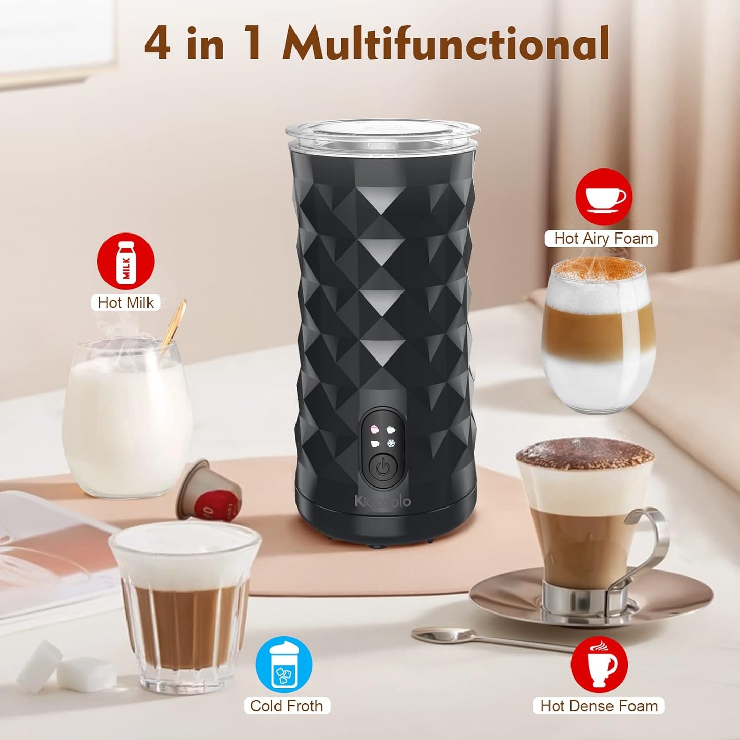 KIGOZOLO Milk Frother,4-in-1 Electric Milk Frother and Steamer, Non-Slip Stylish Design, Hot & Cold Milk Steamer with Temperature Control, Auto Shut-Off,Good for Coffee Lovers