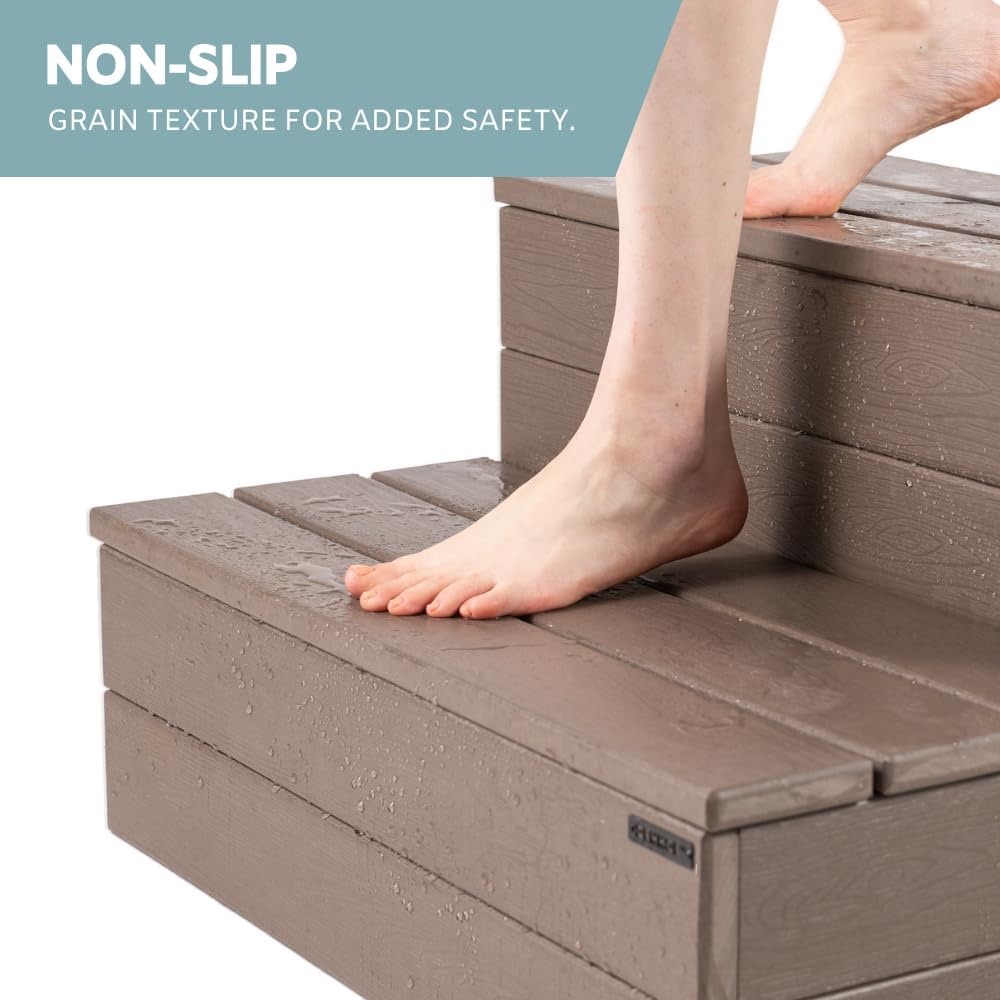 DENKOE Hot Tub Steps - Wood Looking Plastic Steps - 100% Waterproof Spa Steps - Brown Non Slip, Heavy Duty Outdoor Steps, Multi Use as Porch Steps, Hot Tub Stairs, or Outdoor Stairs, Fits Any Spa