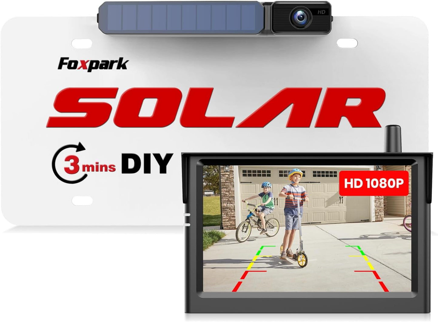 Foxpark Solar Wireless Backup Camera with HD 1080P 5" Monitor,3 Mins DIY Installation, IP69K Waterproof Back Up Camera Systems, Support 2 Channels Reverse Camera for Car, Truck, Trailer, V