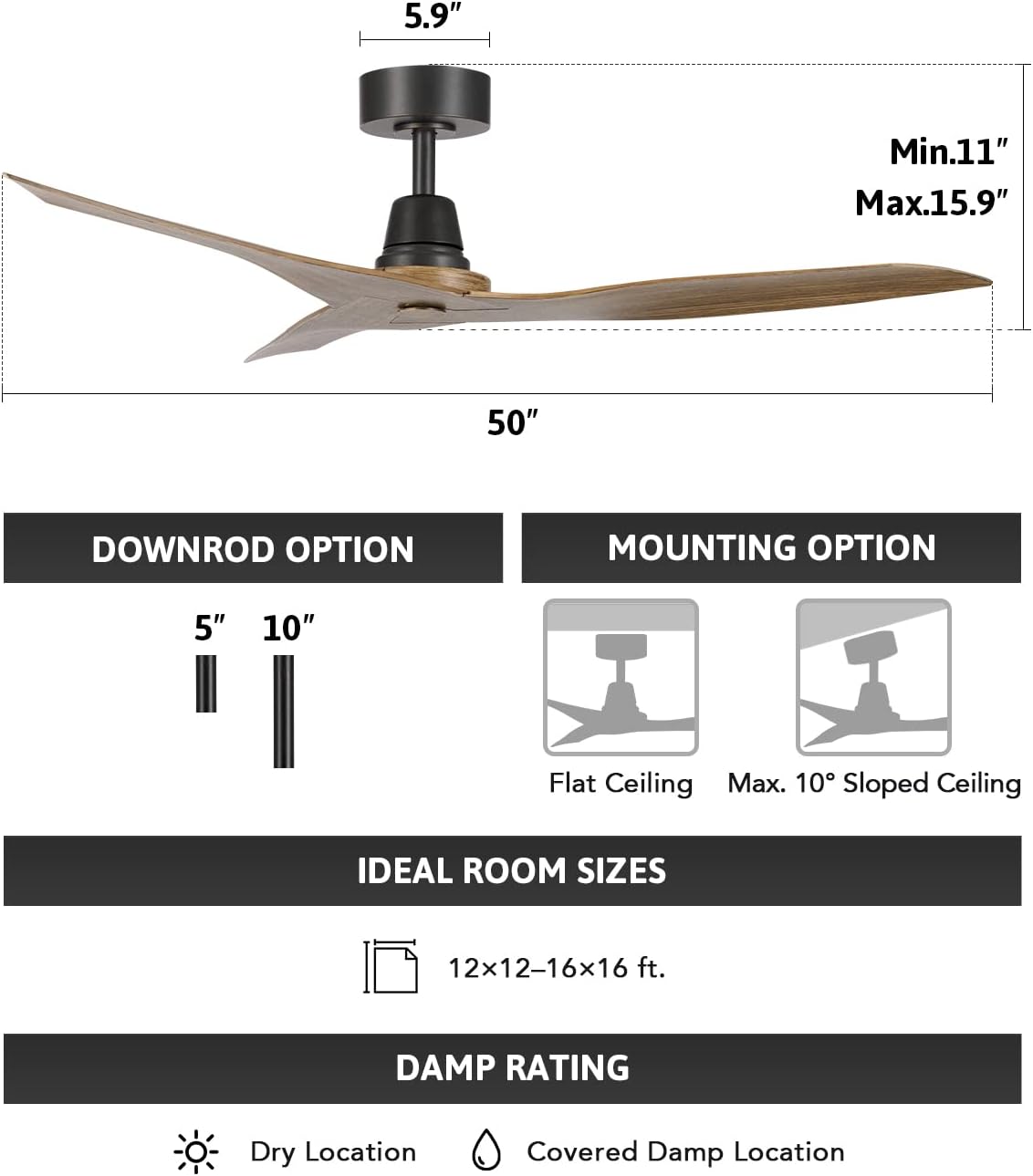 Smart Ceiling Fan with Light and Remote, 50' Modern Ceiling Fan Compatible with Alexa Google Voice Control, Indoor Outdoor Ceiling Fans for Bedroom Living Room, 6 Speeds & Reversible, C-Walnut (C-W