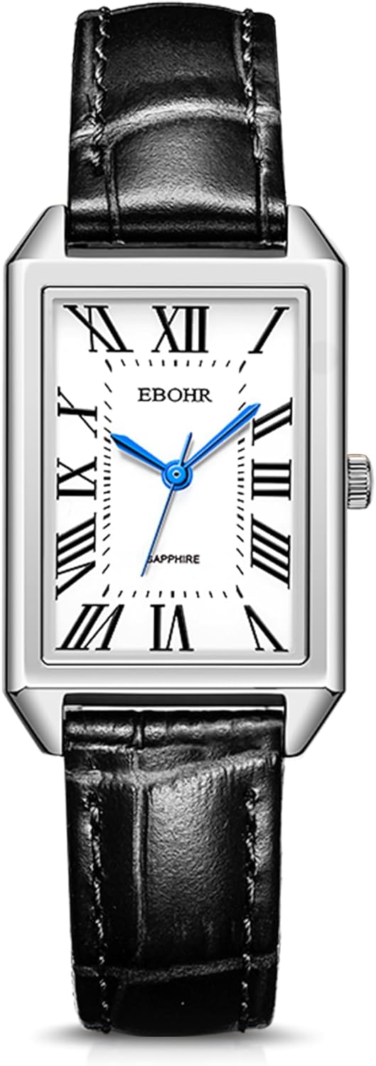 EBOHR Retro Square Women's Wrist Watch with Roasted Blue Needle Craft & Classic Roman Numerals - Fashionable & Elegant for Modern Women (Black Band)