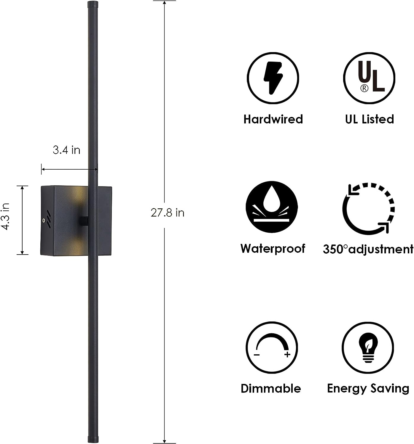 KARTOOSH Modern Wall Sconces Set of Two, Dimmable Hardwired Wall Sconces, 350 Rotate, LED Matte Black Wall Light Fixtures, 3000K Warm Light Wall Lamp for Bathroom, Living Room, 27.8 Inch (