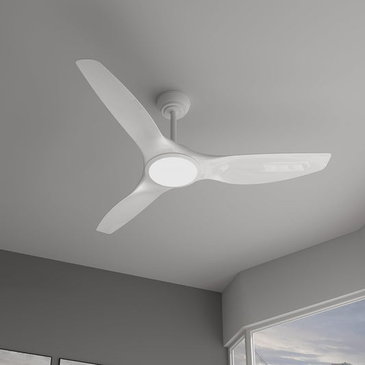 Wozzio 52 inch White Ceiling Fan with Light and Remote 3 Blades Reversible,Quiet DC Motor,6 Speeds,Brightness Dimmable,for Outdoor Indoor Bedroom/Patios/Farmhouse