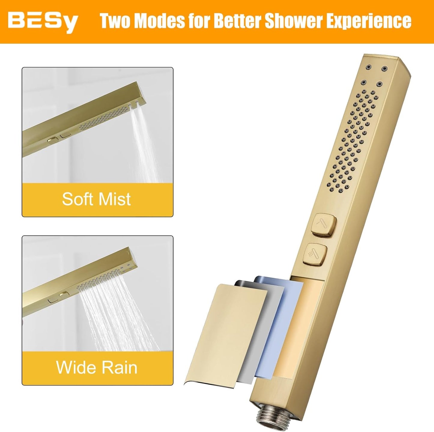 BESy Freestanding Tub Faucet Brushed Gold Floor Mounted Tub Filler Faucet Brass Bathroom Tub Faucets with 2 Function Hand Shower