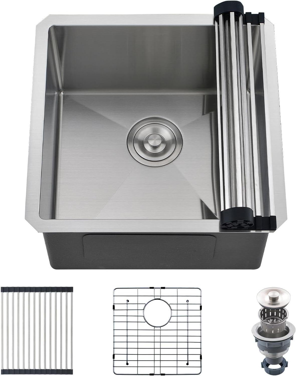 EcoChannels Undermount Kitchen Sink, 18 x 18 x 10 Inch Single Bowl Bar Sink 16 Gauge T-304 Stainless Steel Kitchen Sinks with Accessories (Stainless Steel, 18 x 18 x 10 Undermount)