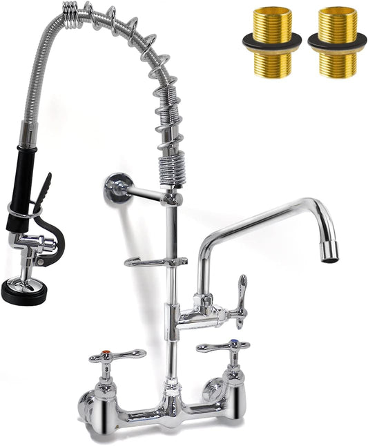 MYWHITENG Commercial Faucet with Sprayer, 8 Adjustable Center Wall Mounted Restaurant Faucets,12' Spout andPull-Down Pre-Rinse Faucet 42 Height Suitable for 1, 2 or 3 Compartment Sink