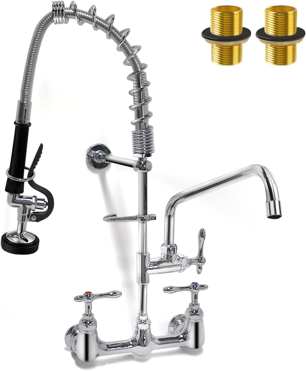 MYWHITENG Commercial Faucet with Sprayer, 8 Adjustable Center Wall Mounted Restaurant Faucets,8' Spout andPull-Down Pre-Rinse Faucet 25 Height Suitable for 1, 2 or 3 Compartment Sinks (Solid Bras
