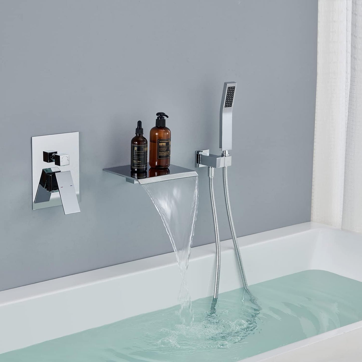 Jabbol Waterfall Tub Faucet Wall Mount Roman Tub Filler Chrome Single Handle Brass Bathroom Bathtub Faucet with Hand Shower (Chrome)