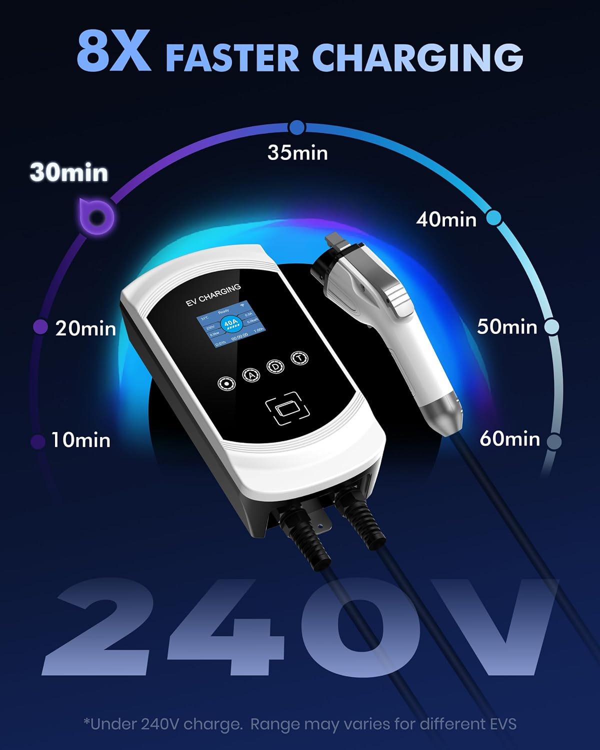 WonVon EV Charger Level 2 48A for Home NEMA 14-50 UL/FCC Electric Car Charger 23Ft Cable 240v Electric Vehicle Charging Stations 12KW Wall Charger