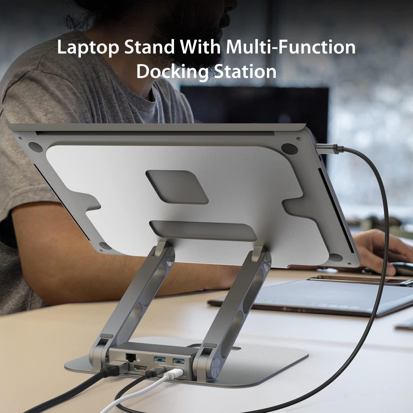 j5create Laptop Stand with USB C Dual HDMI Display Hub - 2 USB A 5Gbps, PD 100W with USB-C 5Gbps, Ethernet | Aluminum Computer Riser for MacBook and Windows Notebook (JTS427)