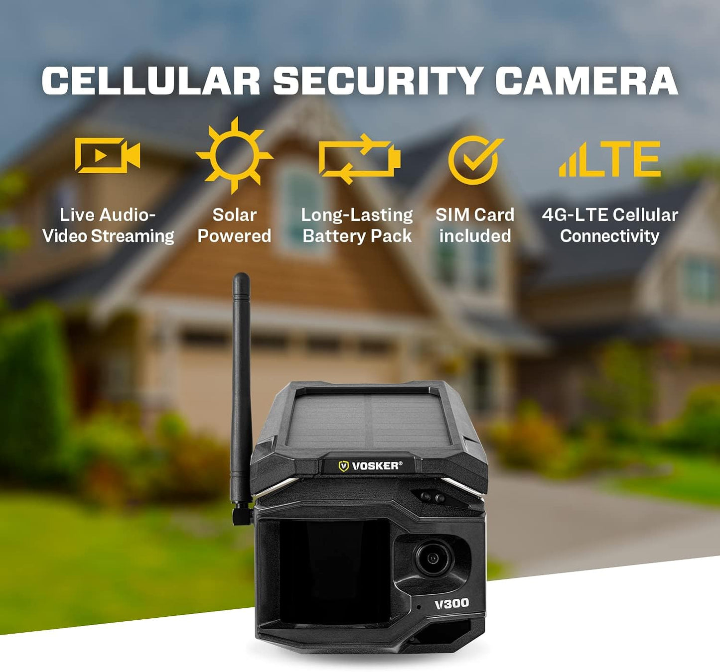 Vosker V300 Live View Outdoor Security Camera + Universal Solar Power Bank - Solar Powered 4G-LTE Cellular Network Enabled | No Wi-Fi Needed | Live Streaming Security Video
