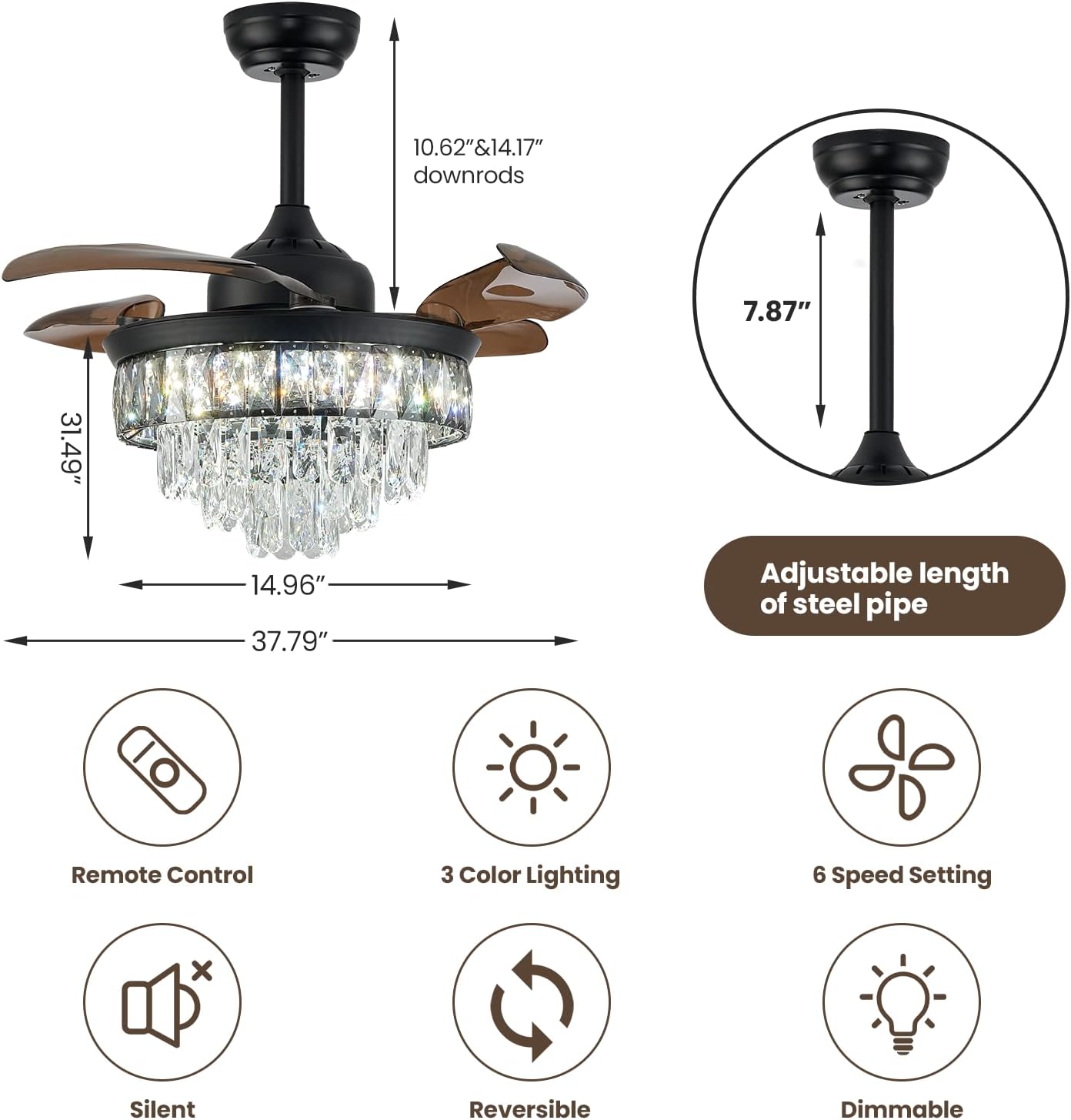 Oyisen Crystal Ceiling Fans, 38 Inch Retractable Ceiling Fan with Lights and Remote, Chandelier Fan Ceiling for Bedroom and Living Room (Brown)