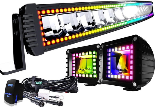 Ciascy RGBW Curved LED Light Bar 52Inch 300W Flood Spot Combo Beam 2PCS 4 Inch 18W Flood RGB LED Pods with 16 Solid Colors Chasing RGB Halo Ring Changing with Strobe Flashing with Rocker Swit