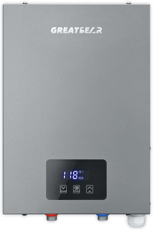 Electric Tankless Water Heater, GREATBEAR 14KW On Demand Water Heater Electric 240V, Point of Use Instant Hot Water Heater, With Self Modulating ECO130G Gray (EC