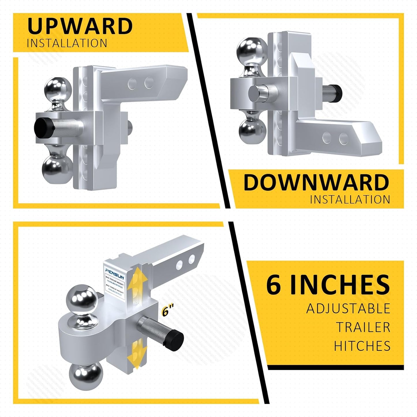 PENSUN Adjustable Trailer Hitch - 6" Drop/Rise Aluminum Drop Hitch with 2'' & 2-5/16'' Solid Dual Balls Mount Fit for 2" Receiver 12500 lbs Heavy Duty Tow Hitch with Double Anti-Theft Pins Locks