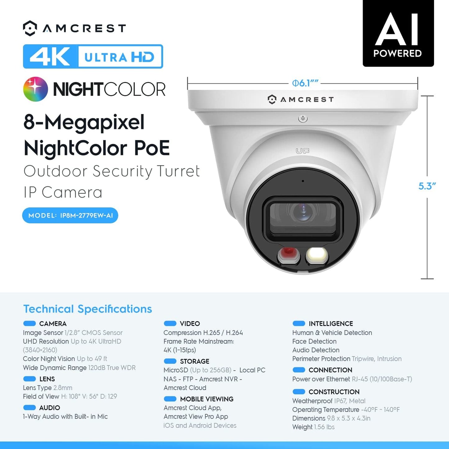 Amcrest 2-Pack UltraHD 4K (8MP) IP PoE AI Camera, 49ft Nightcolor, Security Outdoor Turret Camera, Built-in Mic, Human Detection, Active Deterrent, 129 FOV, 4K@15fps