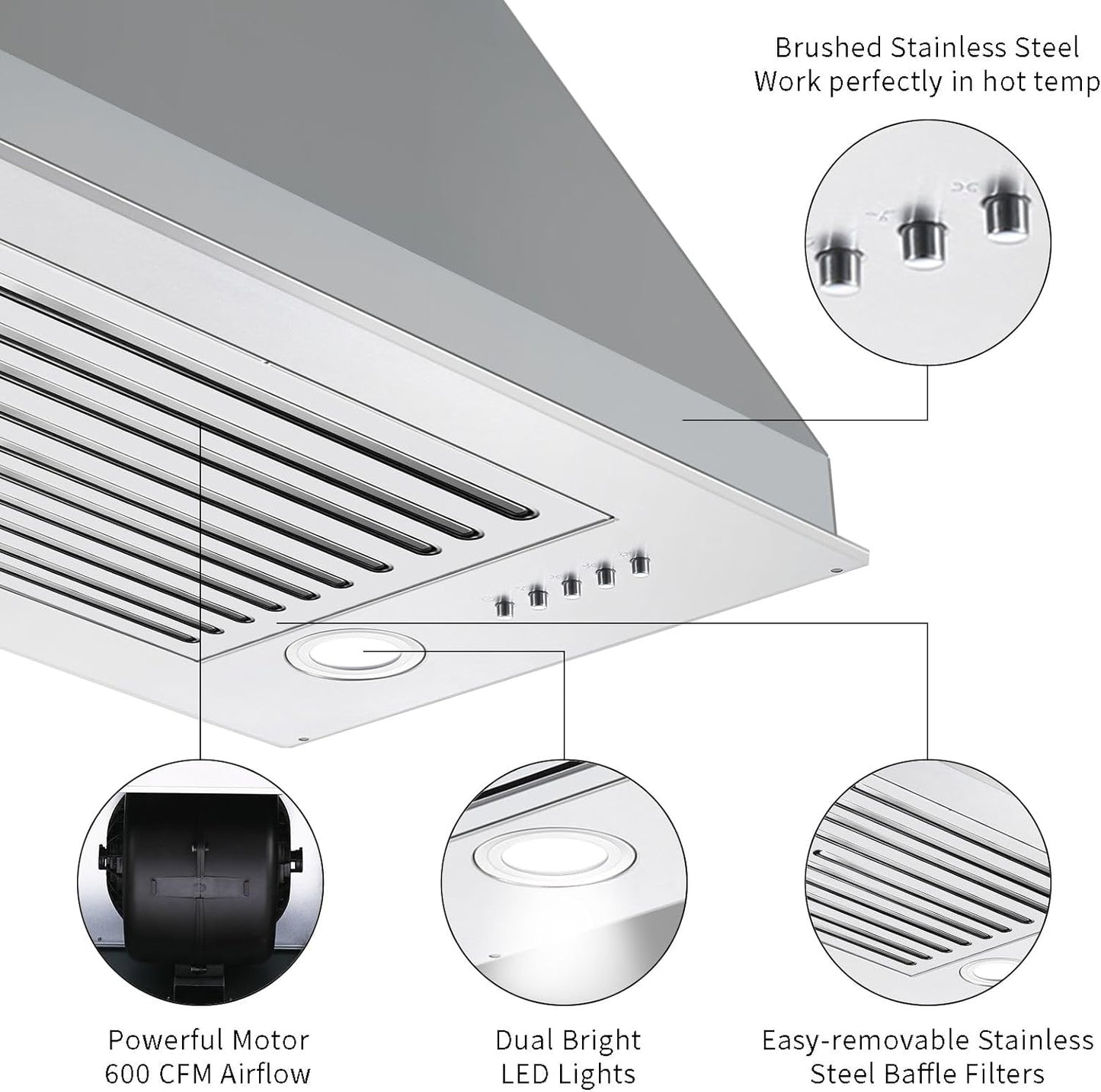 Zomagas Range Hood Insert 24 inch, Built in Kitchen Hood 600CFM, Ducted/Ductless Convertible Stove Hood with Stainless Steel Baffle Filter, Vent Hood Insert w/ 3 Speed Fan, 2PCS Replaceable