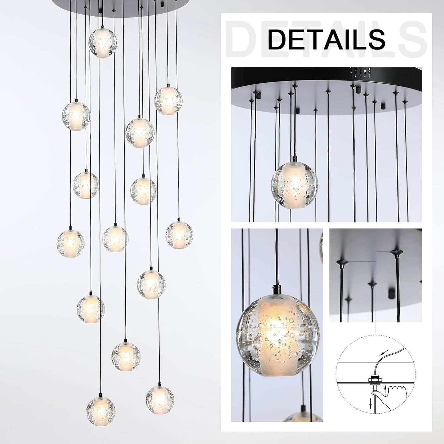 YIOSI Black chandelier-14-Lights Staircase Chandelier for Living Room Hight Ceiling Foyer Pendant Lighting Fixture Modern Crystal Chandelier Spiral