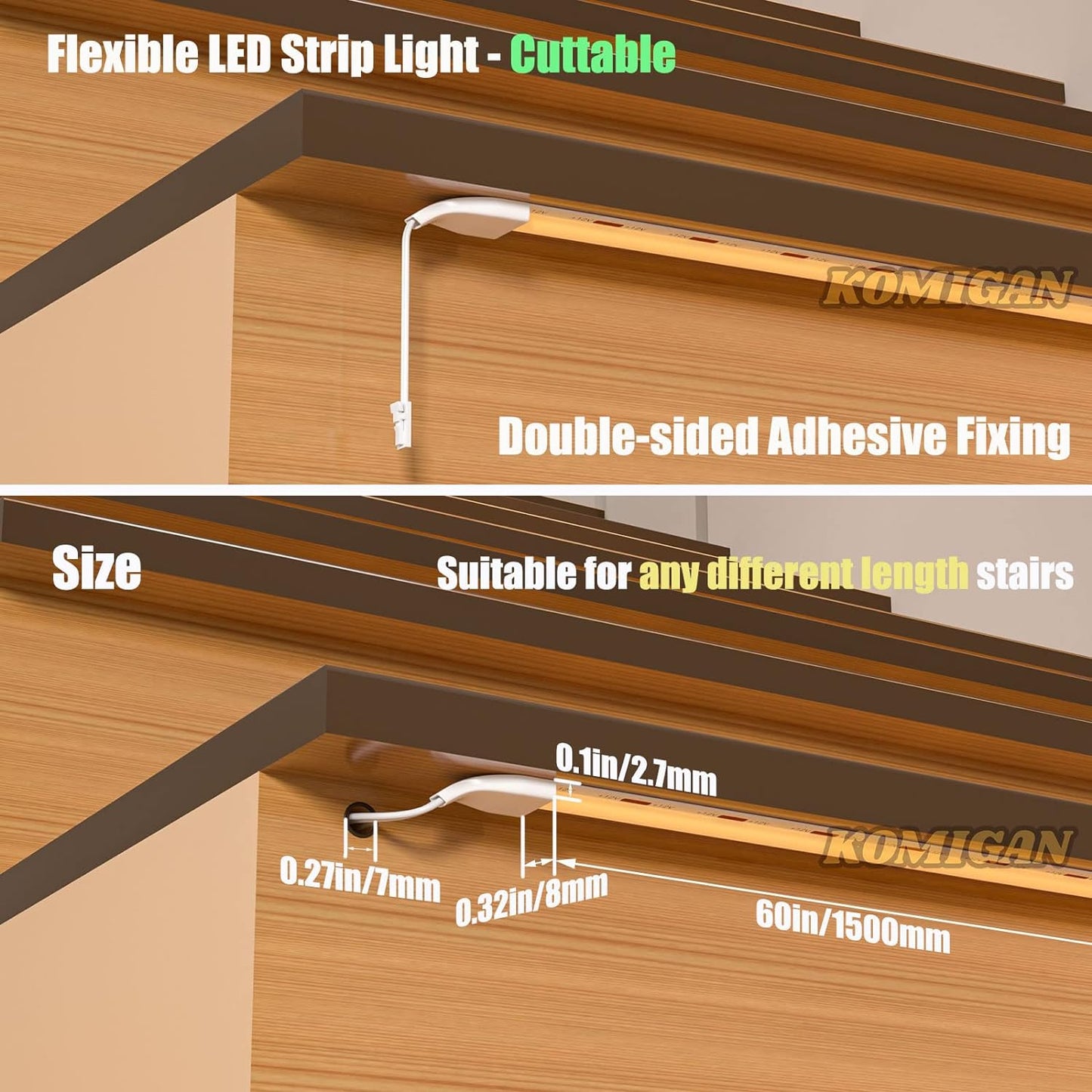 KOMIGAN Intelligent Motion Sensor LED Stair Lighting Kit KMG-3233, 60 Inch (150 cm) Long Cuttable LED Strip Light for Indoor LED Stair Lights LED Step Lights (20 Stairs, Cool White 6000K) (20 Stairs, C