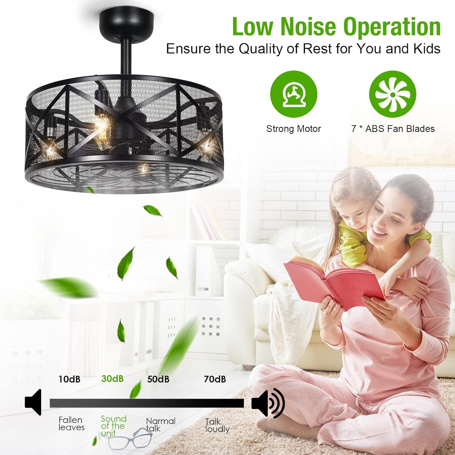 AEsocd Ceiling Fans with Lights Remote Control, 6 Speeds Enclosed Ceiling Fans, Caged Industrial Ceiling Fan for Bedroom, Living Room, Kitchen (Black) (Black-W)