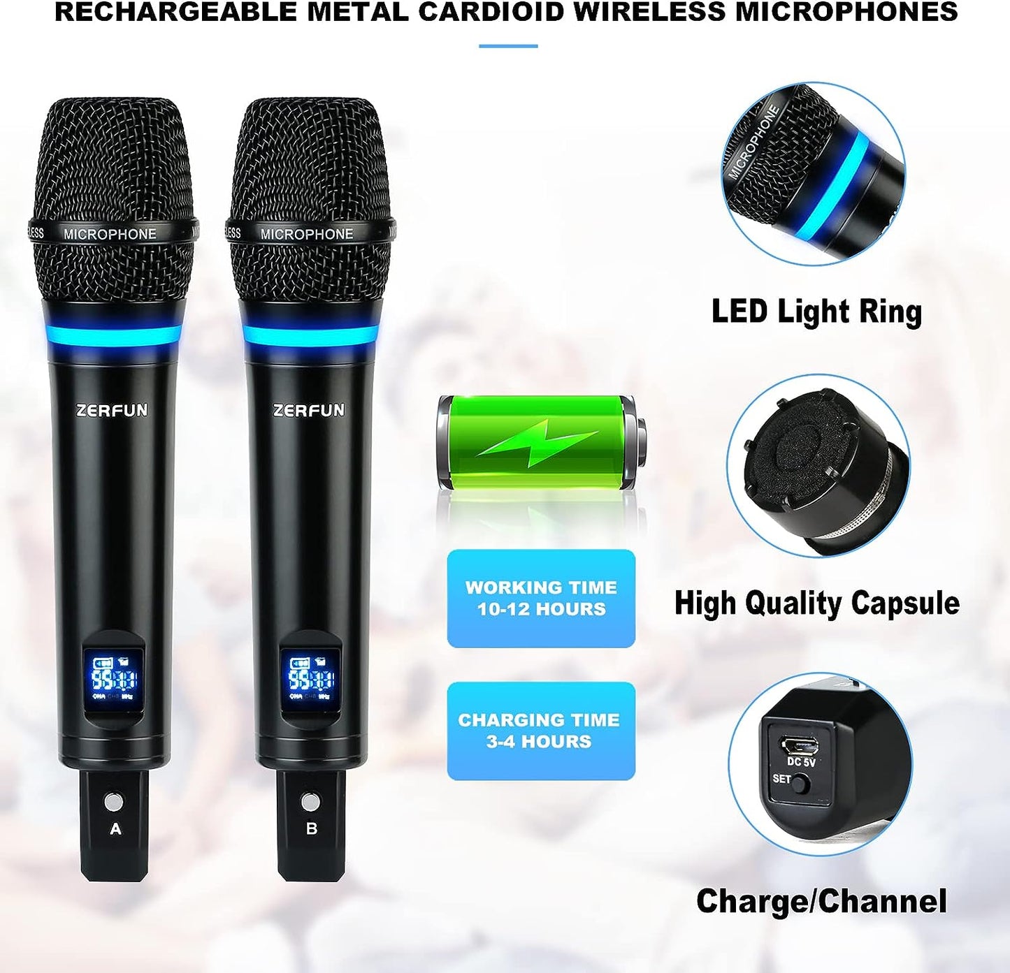ZERFUN MU-898 Rechargeable Wireless Microphone System 4 Channel, UHF Metal Karaoke Mics Cordless Pro Handheld for Singing Church, Bluetooth Echo Volume Control,4x50 Frequency,1/8,1/4 O
