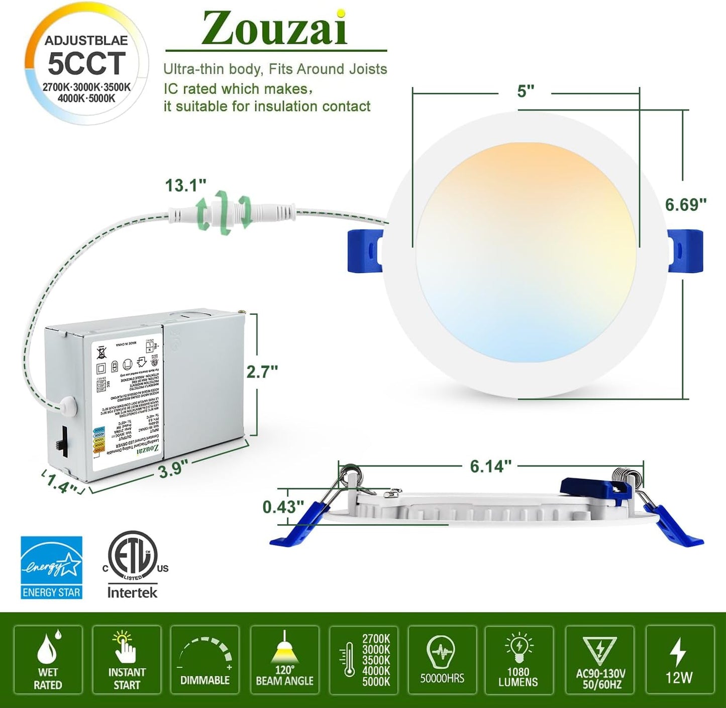 zouzai 16 Pack 6 Inch Ultra-Thin LED Recessed Ceiling Light with Junction Box 5CCT Adjustable Dimmable,12W 1080lm Can-Killer Downlight - ETL and Energy Star Certified (16 Pack,5CCT, 6 Inch) (6