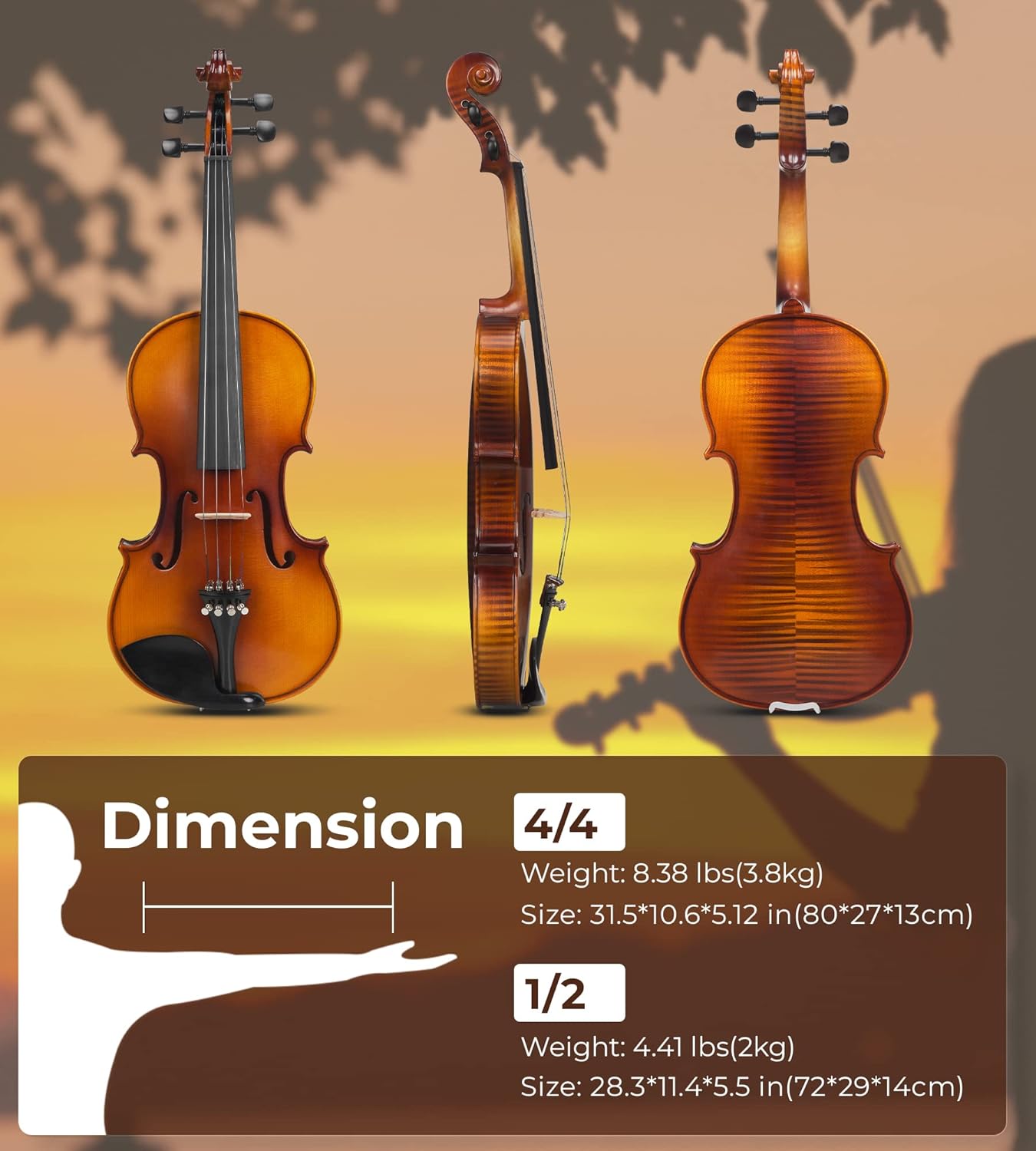 Violin Acoustic Violin Fiddle Kit Professional Solid Wood Violin Unique Maple Wood Pattern Premium Ebony Fitting Violin Starter Kit for Beginner Adults, By Vangoa