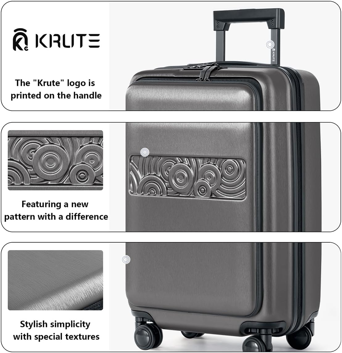 Krute Carry On Luggage with Pocket Compartment ABS PC Hard Shell Suitcases with Wheels & TSA Lock 20 Inch(Dark Gray) (Darkgray, 20" Carry-On)