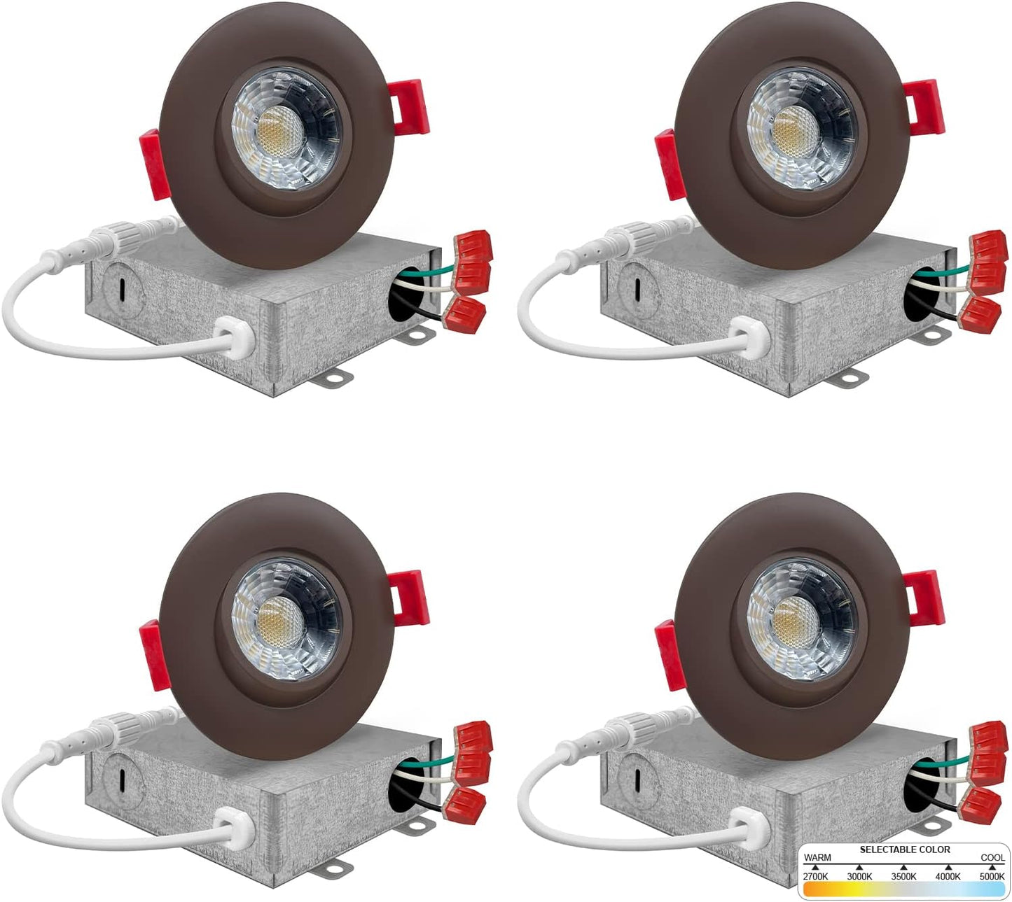 NUWATT 3 Inch LED Gimbal Recessed Downlight, 4 Pack, Canless All-in-1 LED Light with 5 CCT Color Switch 2700K - 5000K, 8W, 600 Lumens, 120V, Dimmable, Matte Bronze Finish