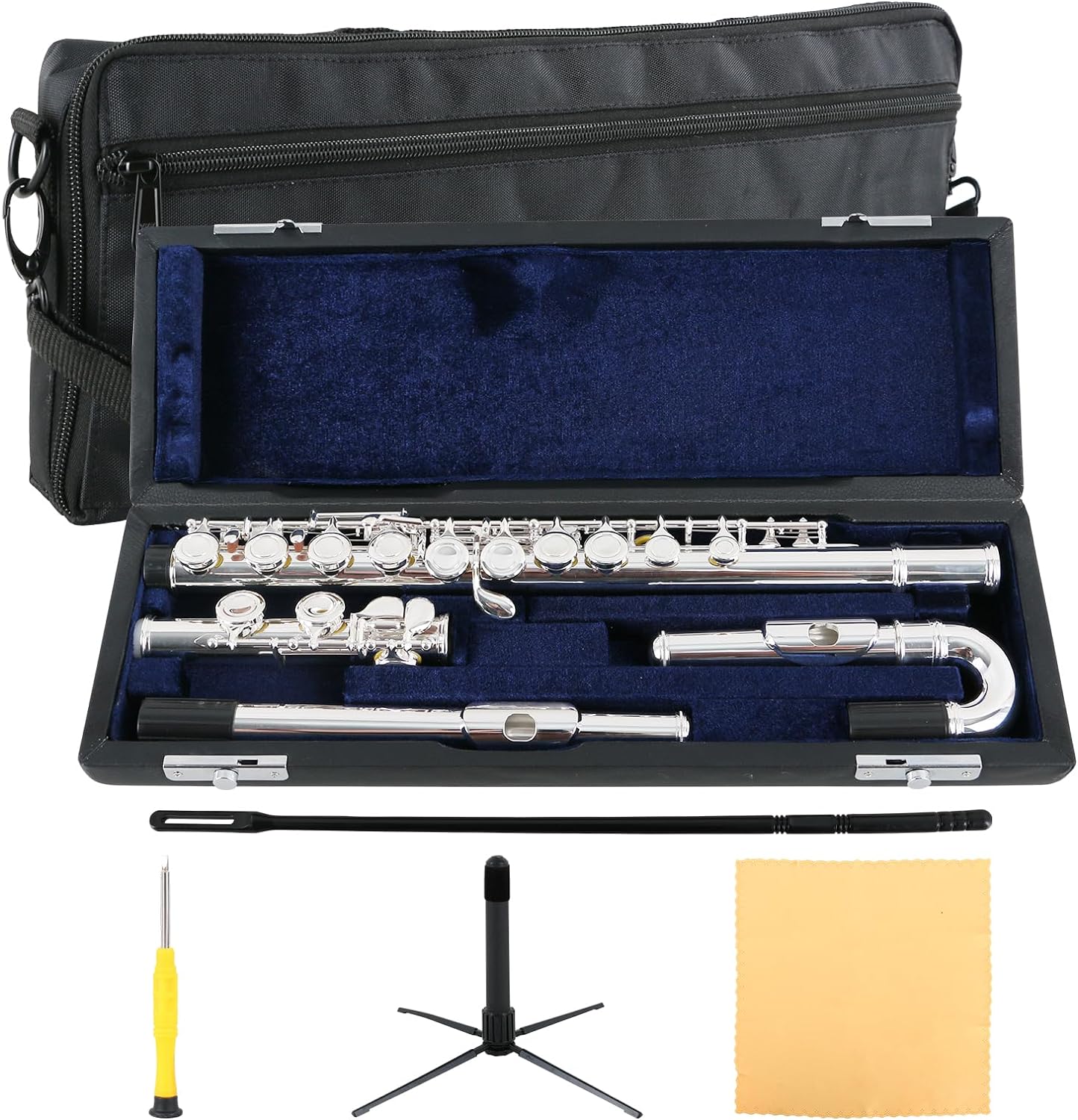 EASTROCK Silver Plated C Flute Closed Hole 16 Keys Flute Instrument with Curved Head Joint Mouthpiece Replacement,Cleaning Kit,Stand,Carrying Case,Gloves,Tuni