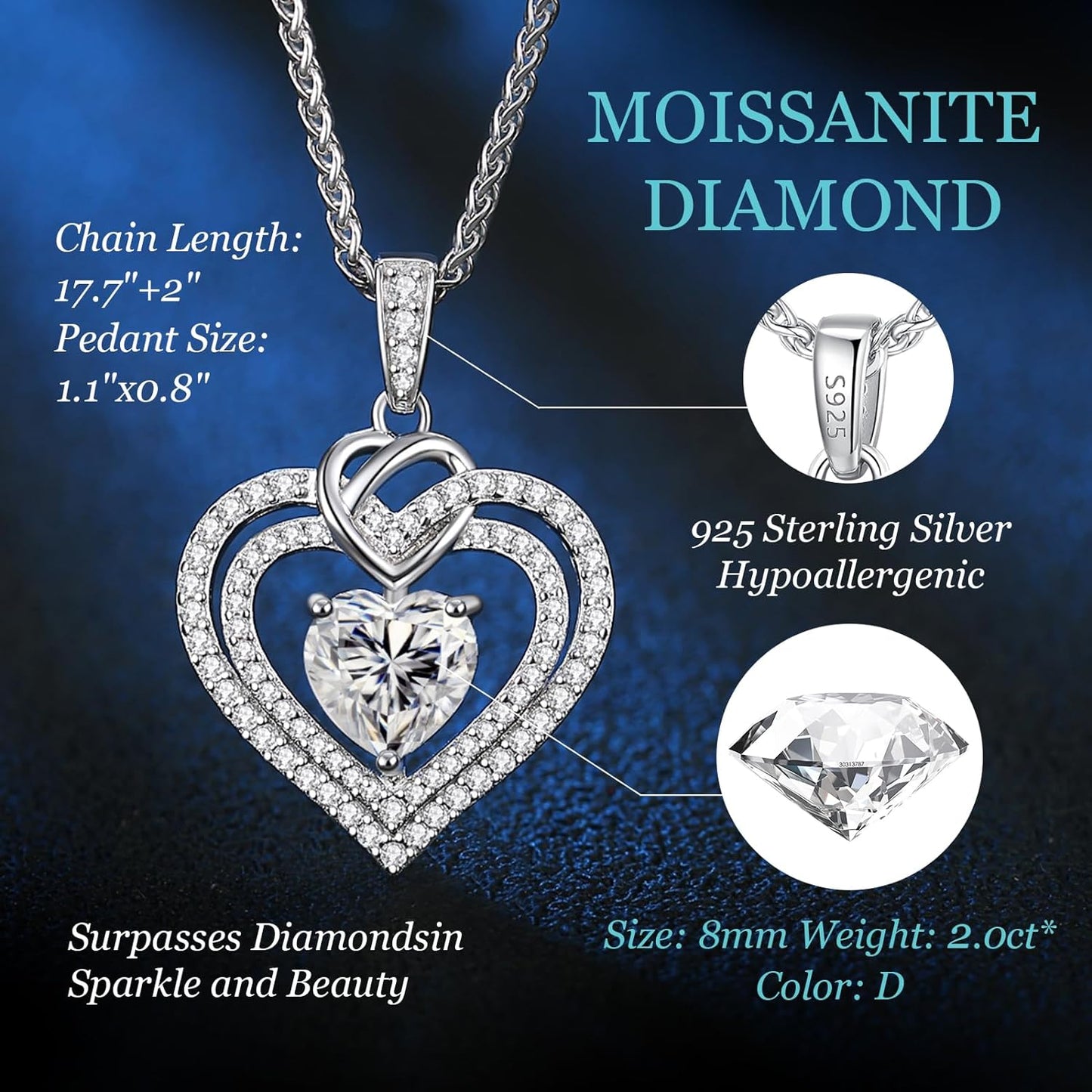 OOBEE Moissanite Diamond Necklace Valentine's Gifts for Women, 925 Sterling Silver Fine Jewelry, Heart Pendant Necklace Birthday Anniversary Christmas Gift for Women Wife Mom Girlfriend Lady (2.0 Carats Heart Moissanite Diamond)