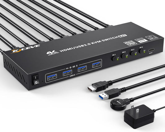 USB 3.0 KVM Switch HDMI 4 Port Support 4K@60Hz 2K@120Hz Simulation EDID,MLEEDA HDMI USB Switch for 4 Computers Share 1 Monitor and 4 USB 3.0 Port,with Desktop Controller and KVM Cables