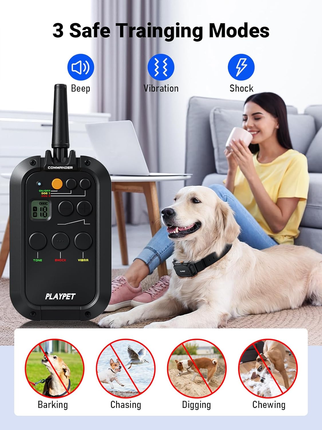 PLAYPET Dog Training Collar, 2950FT Remote Dog Shock Collar for Small Medium Large Dogs, IPX7 Waterproof, Rechargeable Electric Shock Collar with 3 Training M