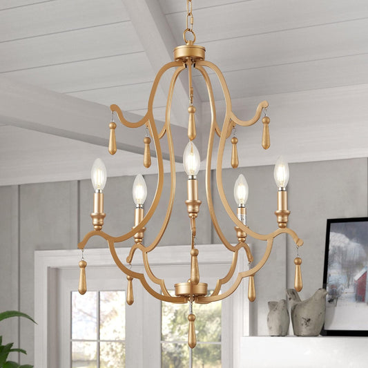 Yifi Deco Gold Pendant Light, Vintage Chandelier Candle Hanging Lighting Fixtures with Adjustable Chain for Living Room, Dining Room, Kitchen Island, Entryway, Foyer, 5-Light, 19'' W x 39''H
