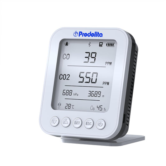 Prodolita Co Detector for Carbon Monoxide, Carbon Dioxide, Barometer, Altimeter, Temperature and Humidity Sensor with Large LCD Screen and Portable Design for Indoor/Outdoor Use (White)