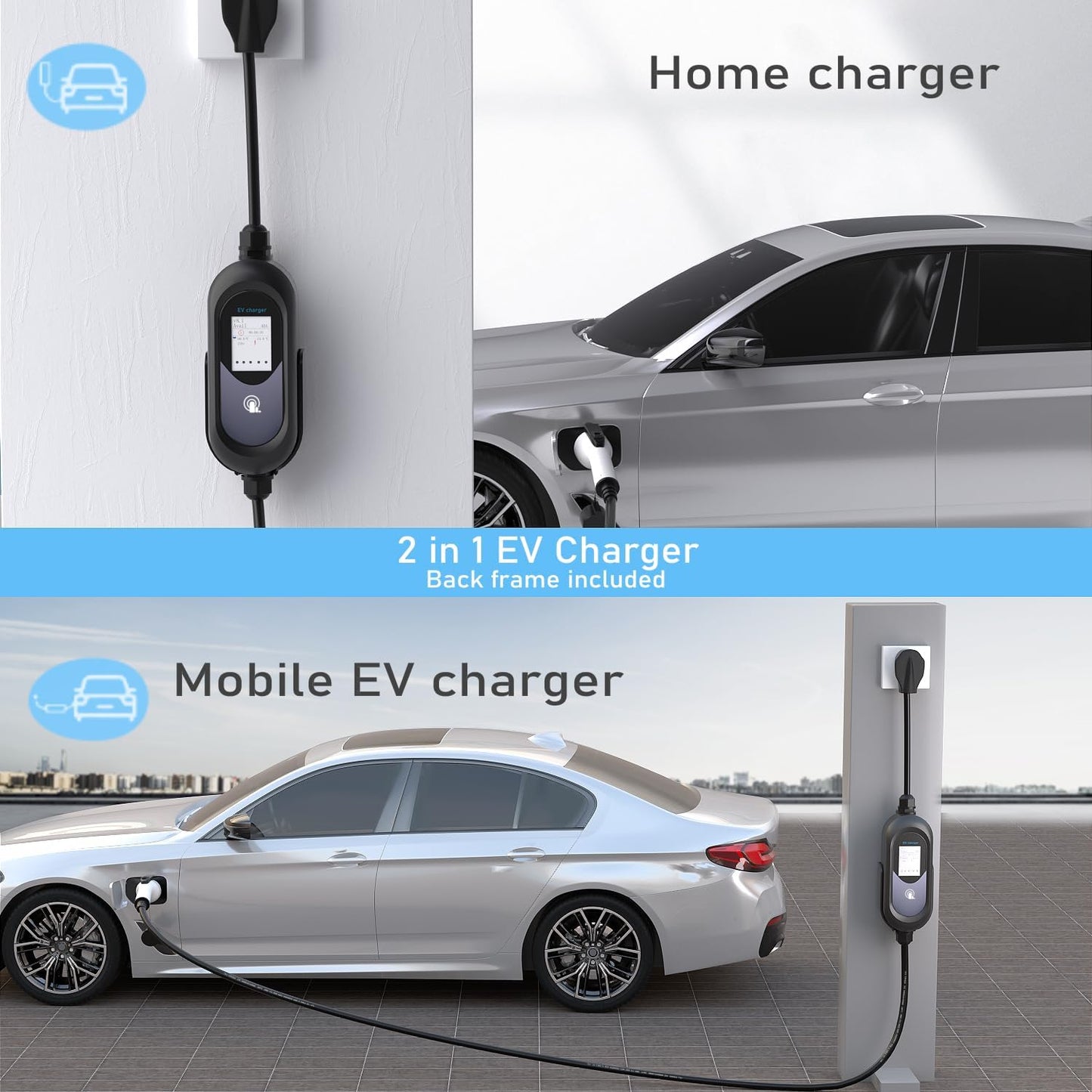 EVCONN Level 2 EV Charger, 40A 240V 23ft NEMA 14-50P, 2in1 EV Charger for Home Level 2 & Portable Electric Car Charger with Adjustable Current/Timing, CE FCC UL Certification for All J1772 C
