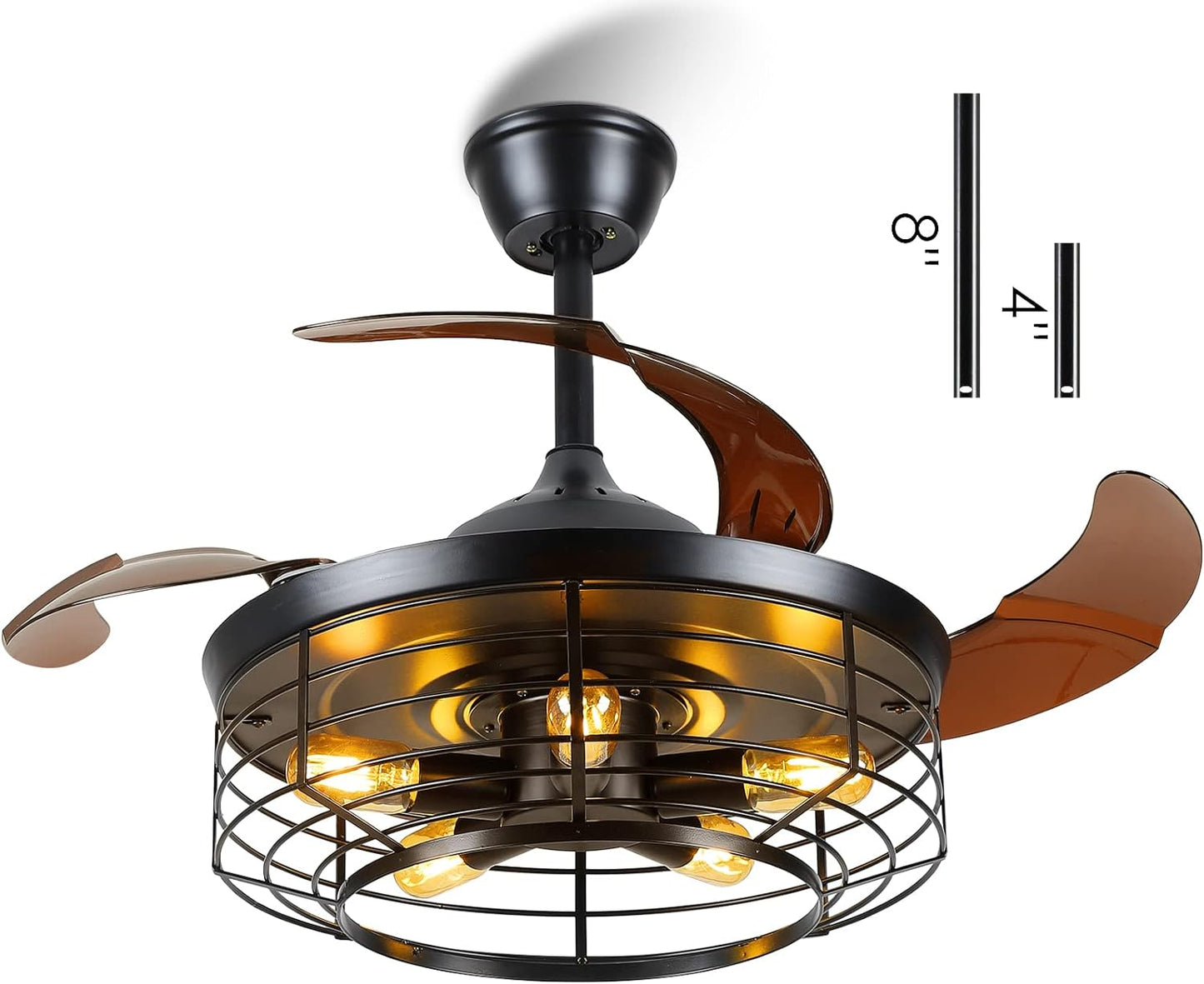 Asyko Retractable Ceiling Fans with Lights and Remote-Caged Farmhouse Ceiling Fan Lights Black, Rustic Industrial Ceiling Fan with Light for Patio Living Room Bedroom42'' Bulb Included (Black-7