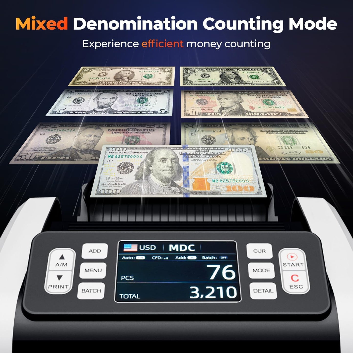 MUNBYN IMC09 Mixed Denomination Money Counter Machine, Value Counting, UV/MG/IR/MT Bill Counter, 3.5" TFT Display Money Counting Machine, USD, EUR, GB