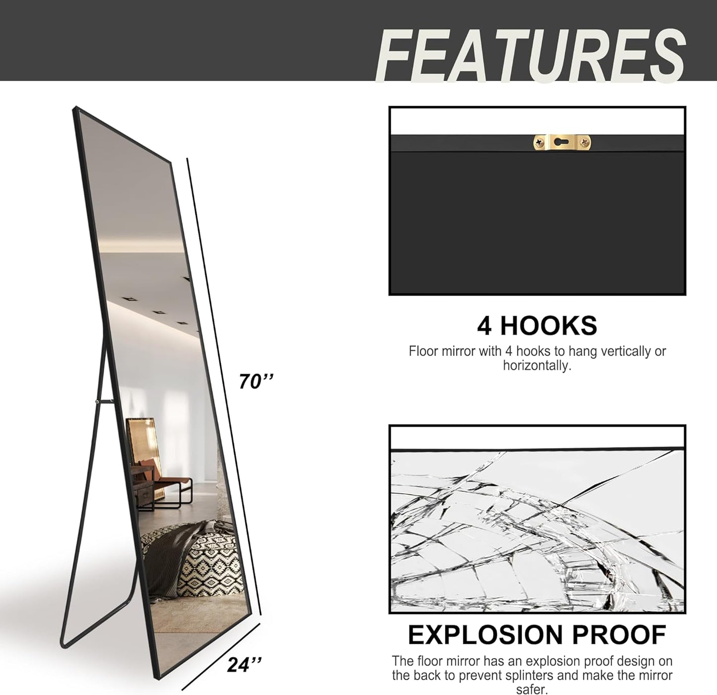 Delma Standing Mirror Full Length Mirror,70''x24'',Large Floor Mirror with Aluminium Frame for Door Bedroom Bathroom Living Room (with Stand,70x24-Bl