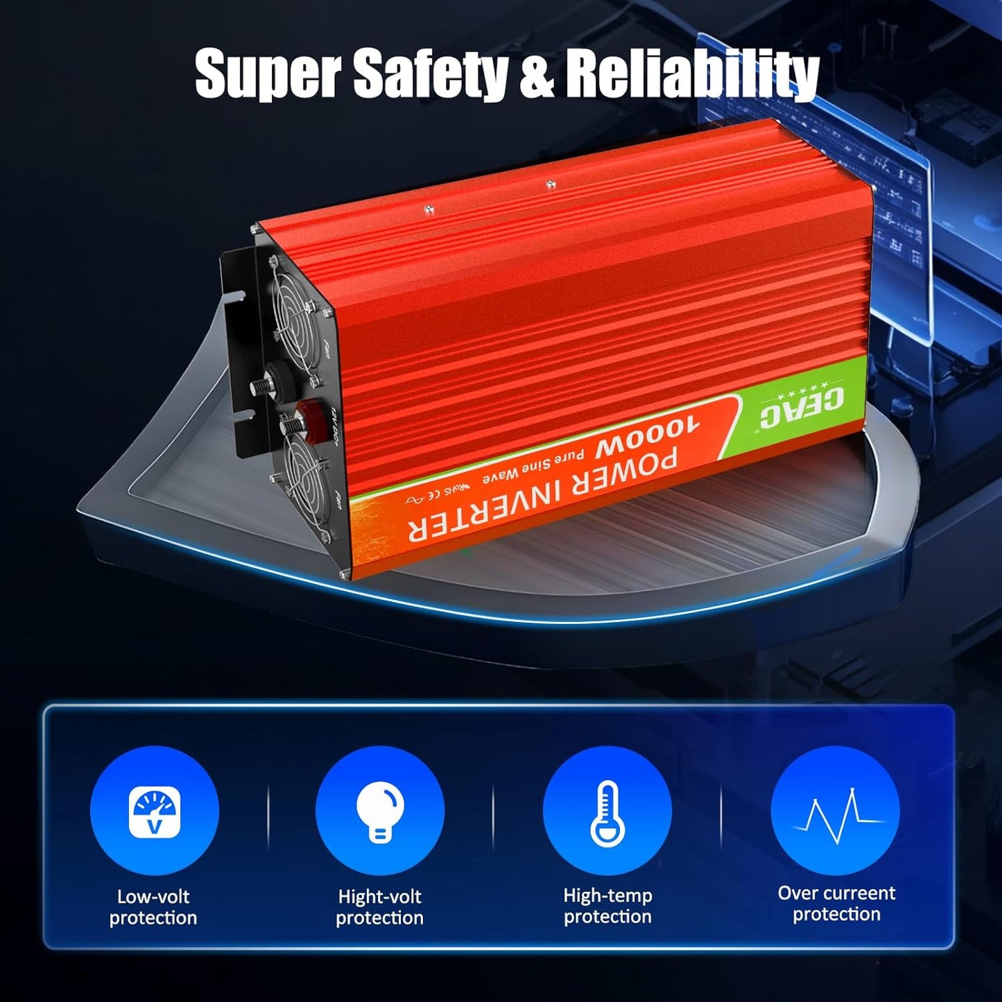 1000W Pure Sine Wave Inverter 12V DC to 110V AC Converter with Lightning, USB Data Cable for Home,RV,Truck,Camping with Built-in 5V/2.4A USB, AC Hardwire Port