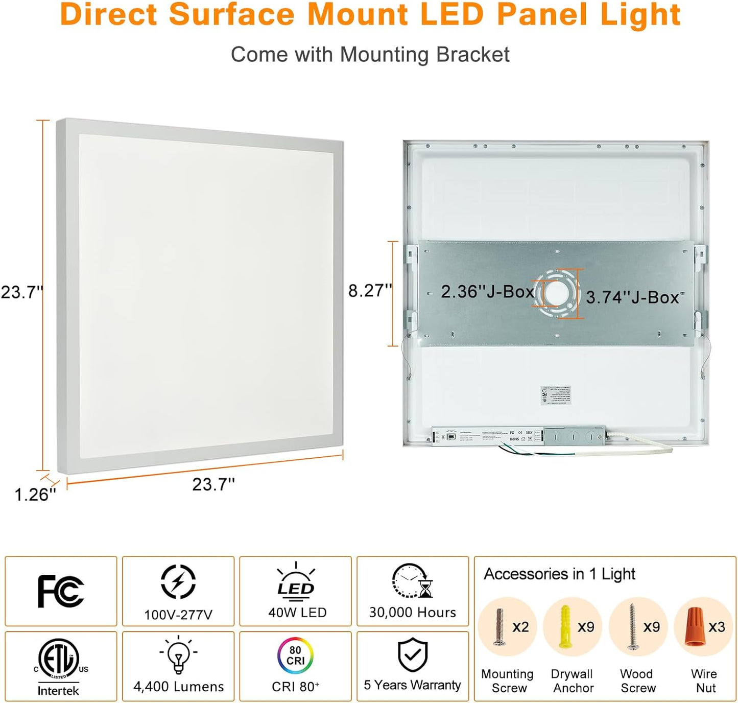 Mcacggo 2x2 FT LED Flat Panel Light Surface Mount Dimmable & 3000K/4000K/5000K in one - 40W 24x24 inch Backlit Flush Mount Ceiling Fixture, Bright 4400LM, 100-277V, ETL Listed, 4-Pack (Triac, 2x