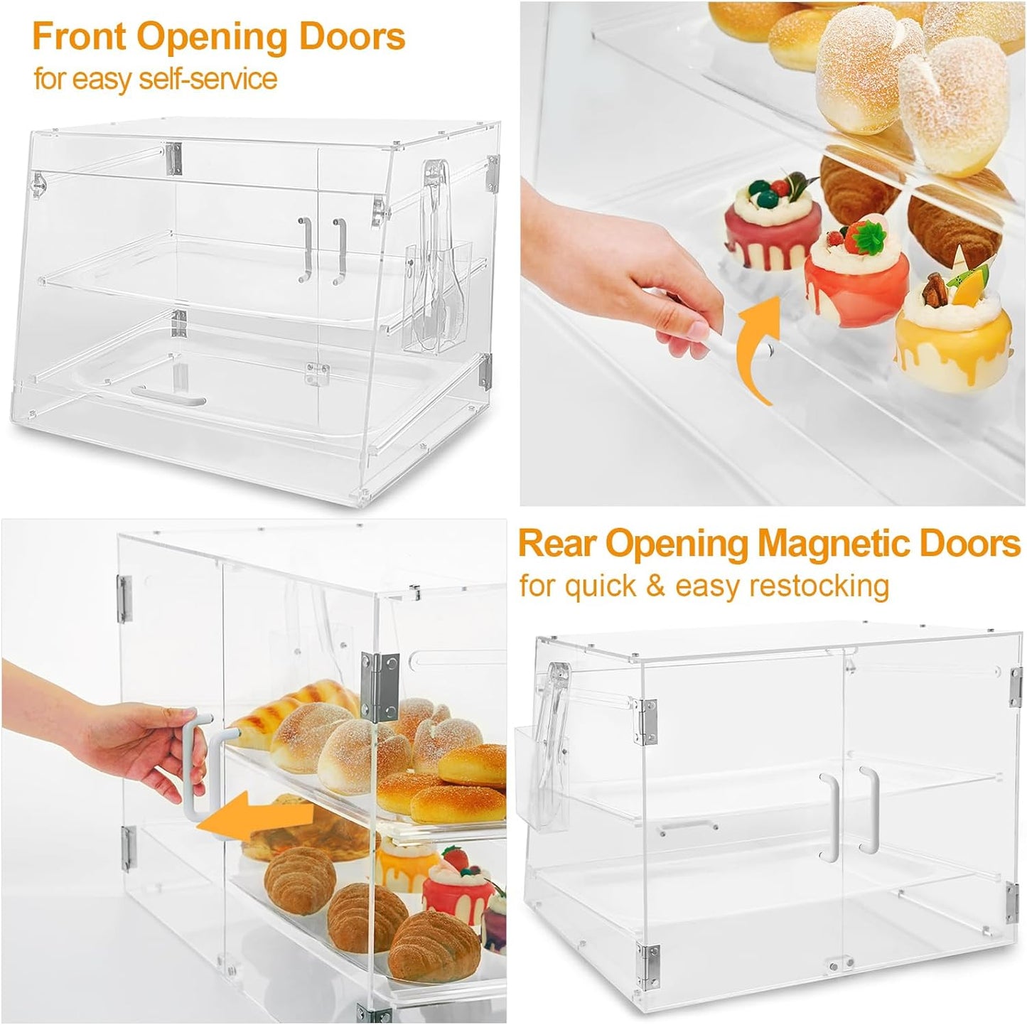 2 Tray Commercial Countertop Bakery Display Case 21.6" x 15.7" x 15.7" Acrylic Pastry Display Case with Serving Tong, Bread Display Case with Front & Rear Doors (2 Tier, 21.6" x 15.7" x 15.7")