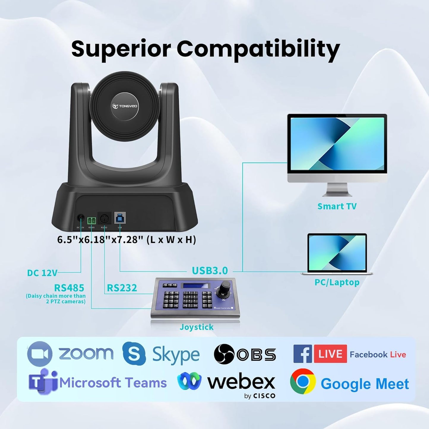 TONGVEO 3X Conference Room Camera System, 1080P 60FPS USB 3.0 3X Optical Zoom PTZ Camera and Wireless Bluetooth Speakerphone with Microphones, Works with Zoom, OBS, Skype, Teams and M