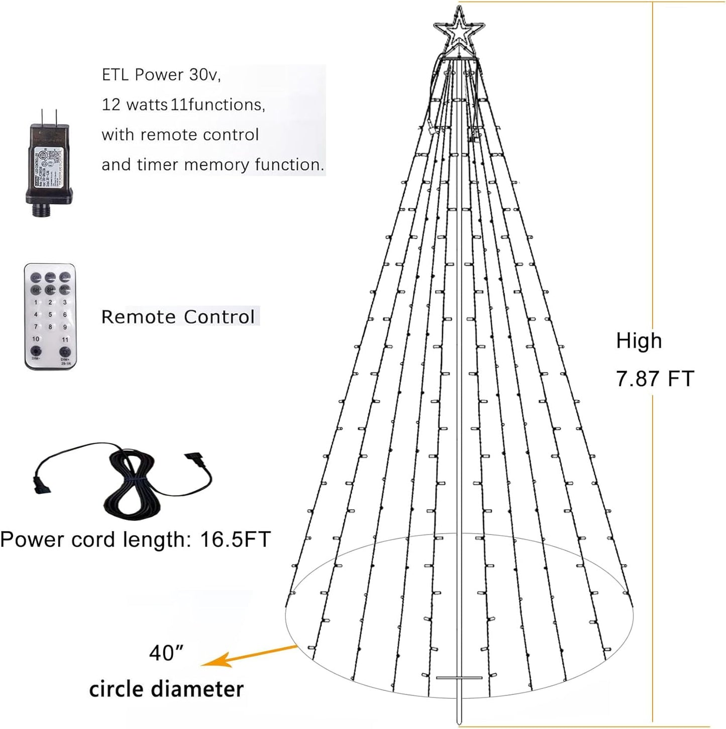 Outdoor Lighting Christmas Tree Lights Cone Tall Star Topped Artificial Christmas Trees Arbol de Navidad Outside Decor for Xmas New Year Holiday 7.8Ft WarmWhite/Red