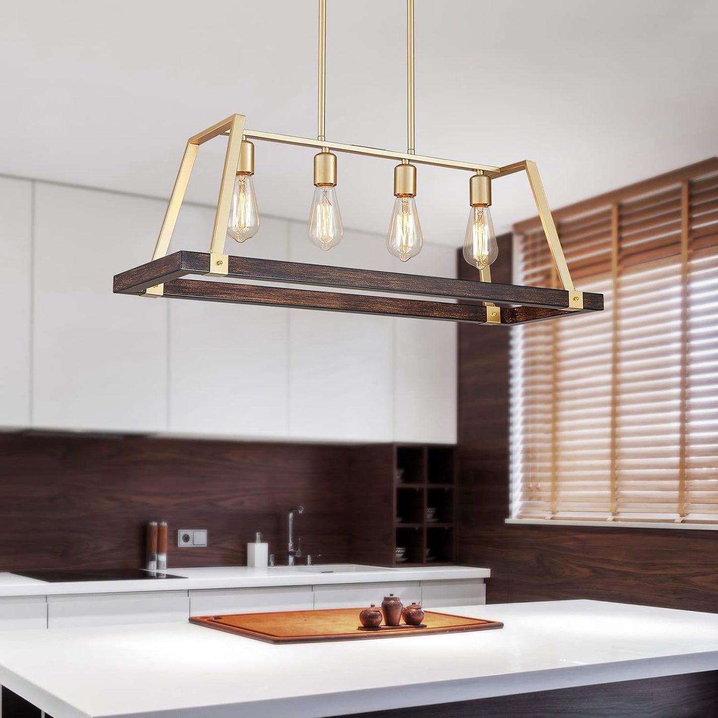 ANJIADENGSHI Painted Wood Color Golden Metal Finish Farmhouse Kitchen Island Pendant Lighting LED Fixture Dining Room Livingroom (Bulbs Not Included) (CL-LF097-Golden)
