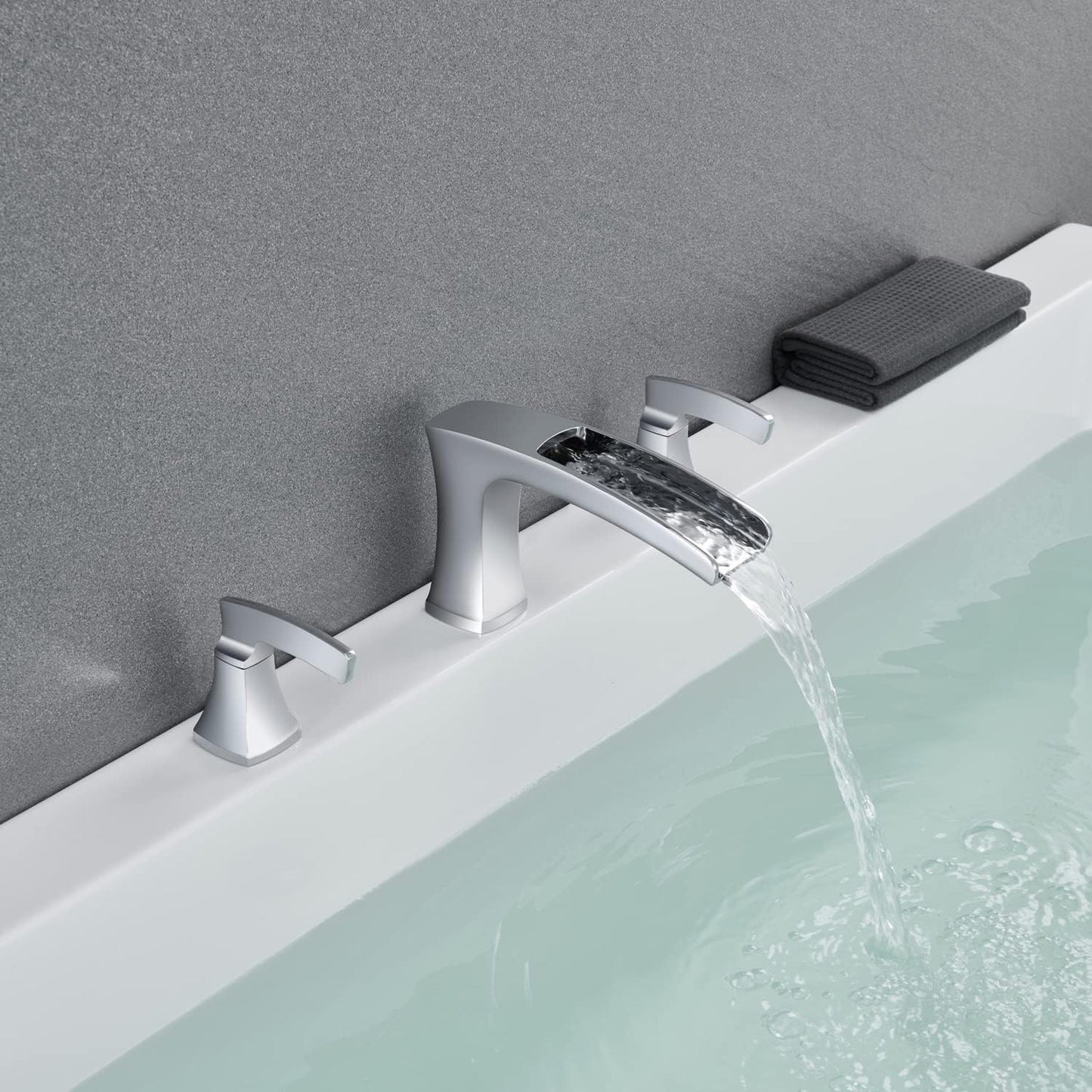 Artiqua Tub Faucet Roman Waterfall Tub Filler Chrome Deck Mount Bathtub Faucets 3 Hole Brass Bathroom Faucets with 2 Handles (Chrome)