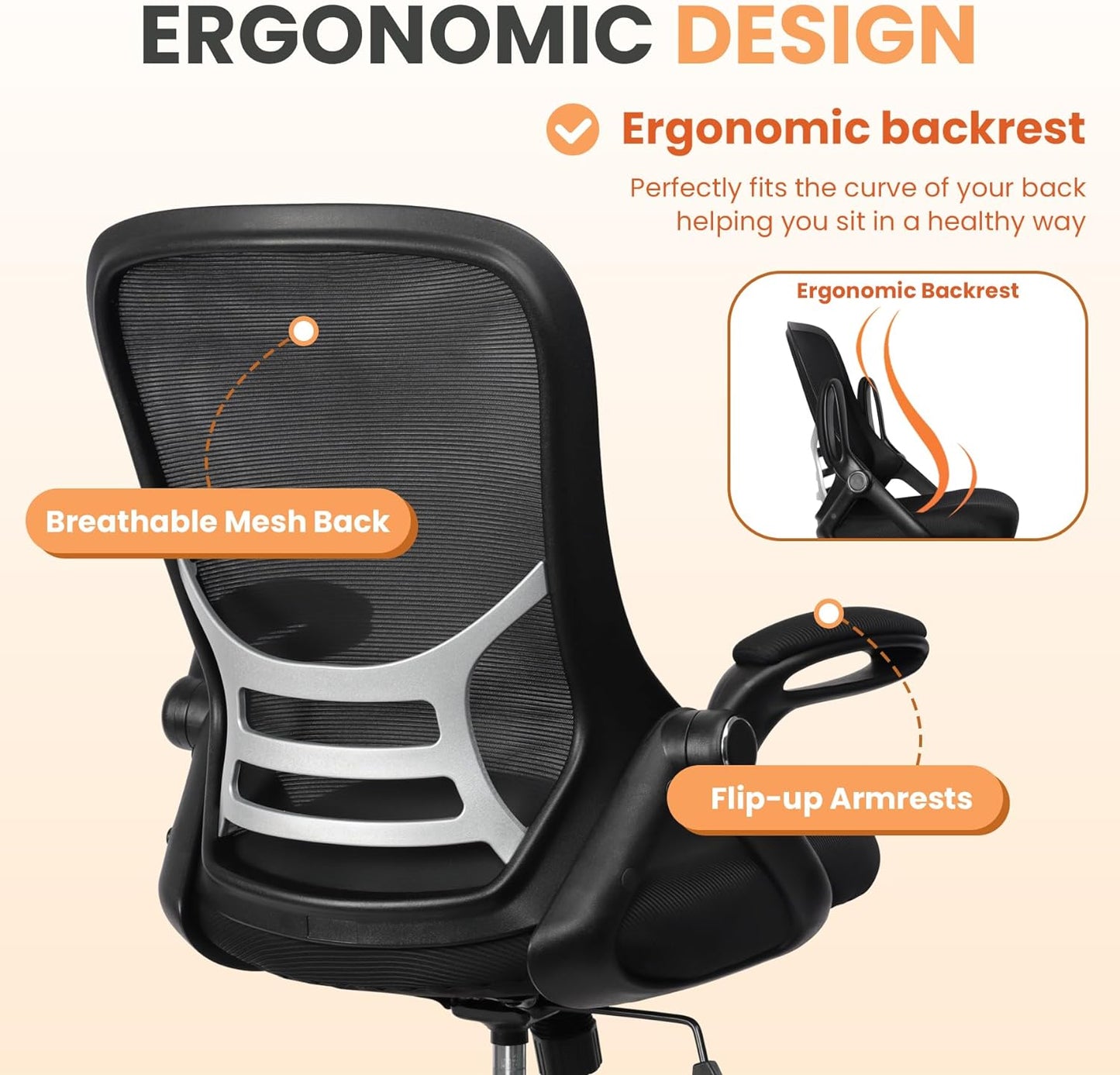 HYLONE Drafting Chair Tall Office Chair, High Ergonomic Standing Desk Computer Stools with Rubber Wheels, Flip-up Armrests, Adjustable Height and Foot-Ring, Comfortable Mesh Fabric, Black