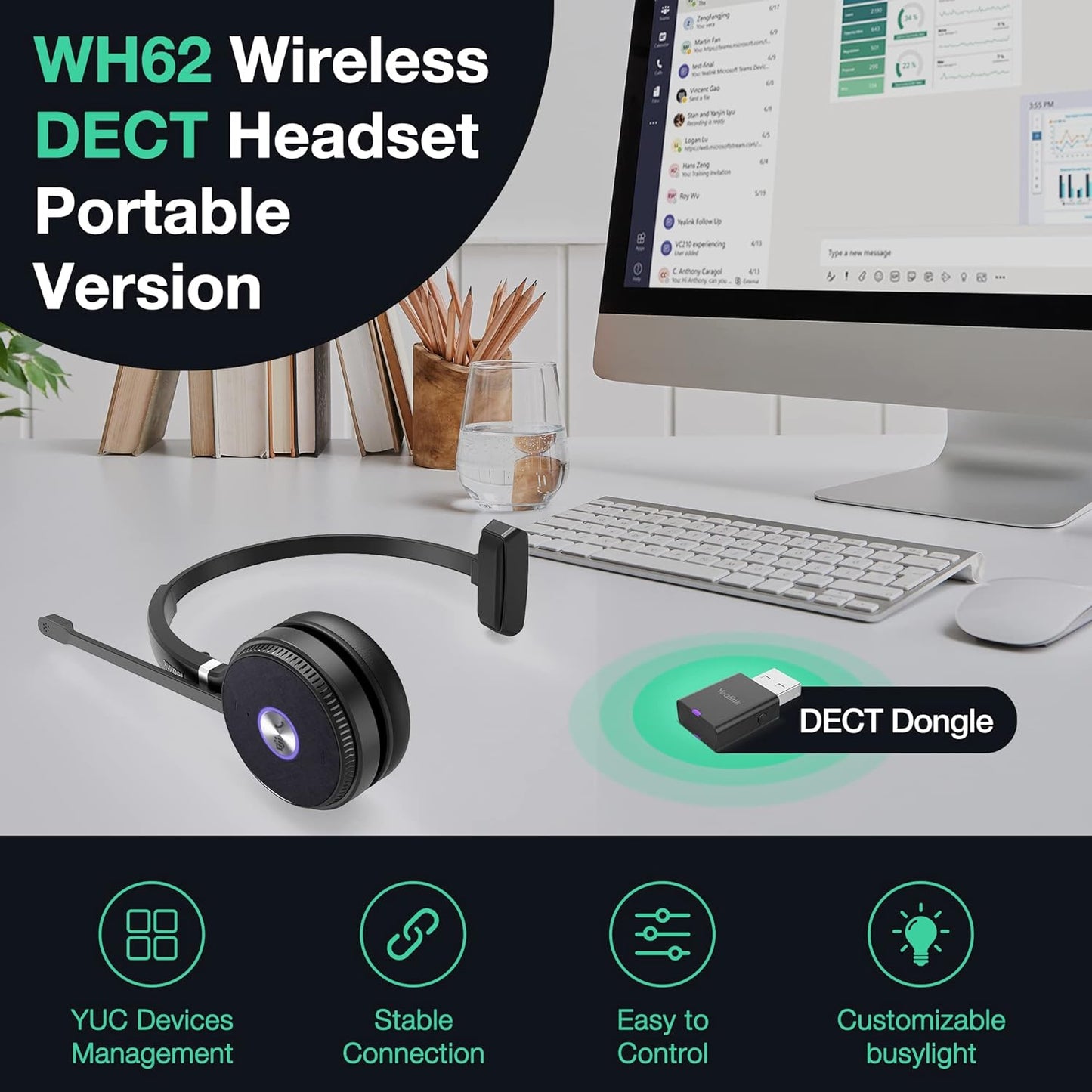Yealink WH62 Wireless Headset with Microphone Ultra Portable DECT Headset Teams Teams & Zoom Certified Office Headphone with Noise Canceling Mic for Computer PC Laptop VoIP Phone SIP Phone