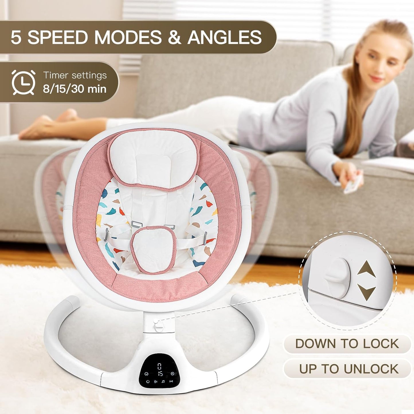 Baby Swing for Infant Baby Swing Portable Infant Swings for Newborns 0-9 Months with Bluetooth Music,Baby Girl Swing 5 Speeds and Remote Control,Pink